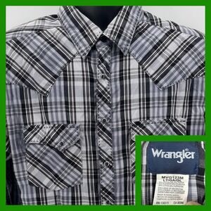 Wrangler Plaid Western Shirt Mens Long Sleeve Button‎ Up Gray Black Rockabilly